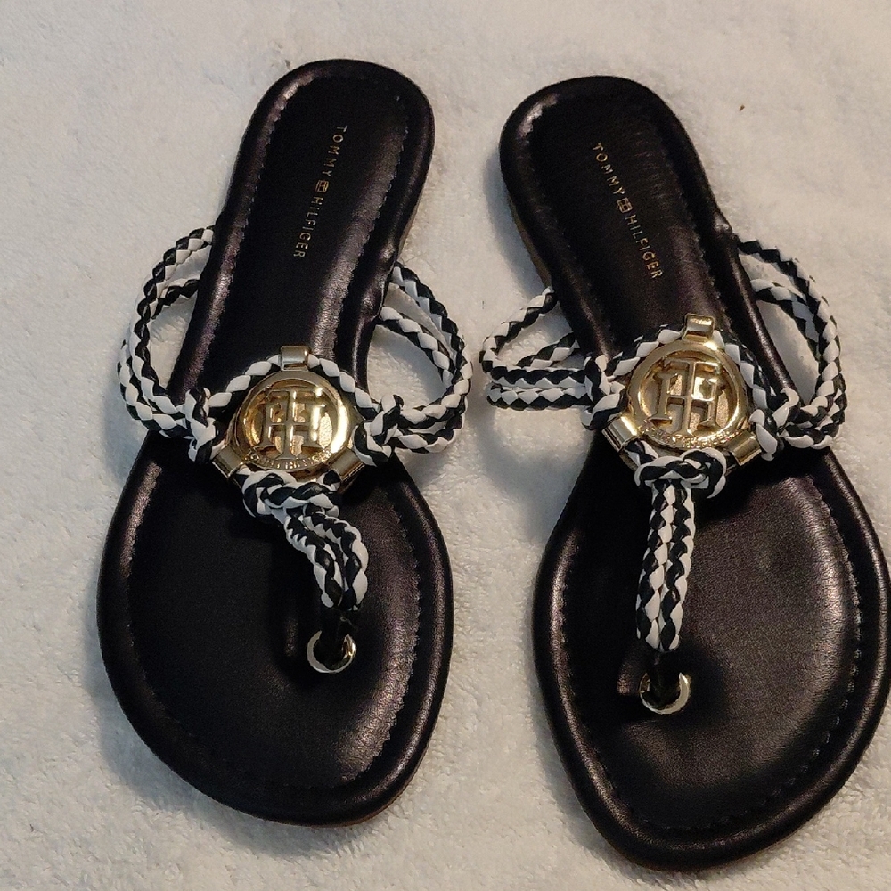 Tommy Hilfiger Black and White Sandals with Gold Accents